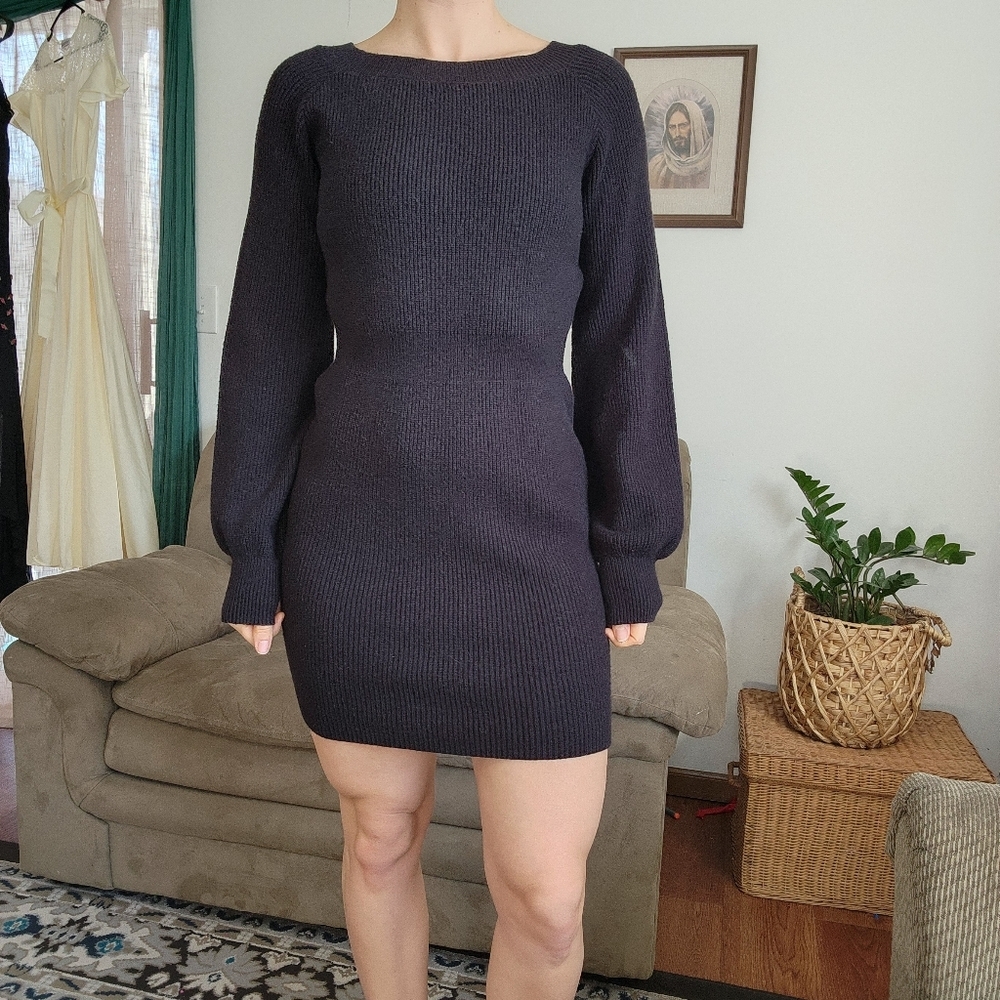 Womens Black Ribbed Bodycon Sweater Mini Dress Size Large